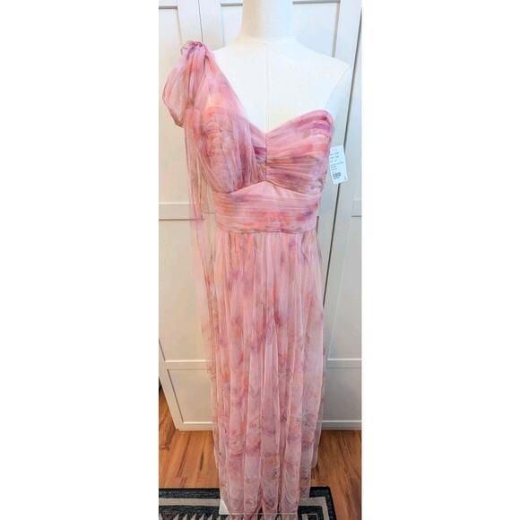 Dessy Collection Floral Scarf Tie One-Shoulder Rose Long Tulle Dress Size 8 - Picture 2 of 11